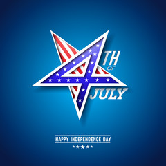 4th of July Independence Day of the USA Vector Illustration with 4 Number in Star Symbol. Fourth of July National Celebration Design with American Flag Pattern on Blue Background for Banner, Greeting