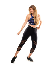 Fototapeta premium Ballerina dancing over isolated white background