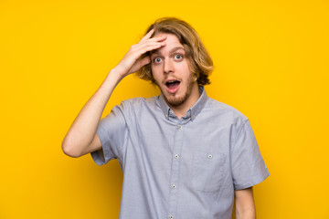 Blonde man over isolated yellow background has just realized something and has intending the solution