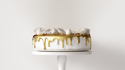 Big White and Gold Luxury Cake with Strawberries and Round Biscuits 3d illustration 3d render