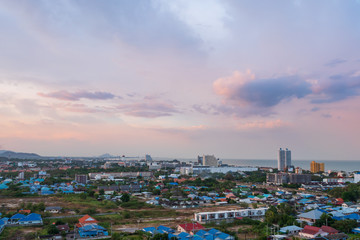 Fototapeta premium Aerial view scenic landscape of the city with storm cloud rain will coming