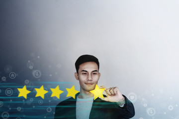 Customer Experience Concept. Young Businessman with Happy Face Showing his Five Star Services...