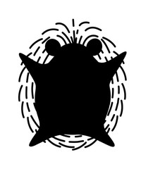 Black silhouette. Adorable hedgehog, forest animal. Spiny mammal. Hedgehog lying on the back. Cute cartoon animal design. Flat vector illustration isolated on white background. Top view