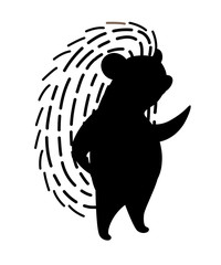Black silhouette. Adorable hedgehog, forest animal. Spiny mammal. Hedgehog stand on two legs. Cute cartoon animal design. Flat vector illustration isolated on white background