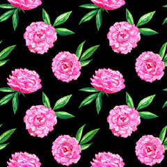 Seamless pattern with pink peonies and leaves. Hand drawn watercolor illustration. Texture for print, fabric, textile, wallpaper. On black background
