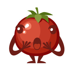 Cute surprised tomato mascot. Cartoon character design. Flat vector illustration isolated on white background