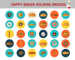 happy baker holding breads concept flat icons.