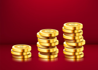 Growing stack of golden dollar coins isolated on white background. Economics concept.