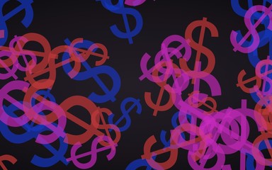 Multicolored translucent dollar signs on dark background. Red tones. 3D illustration