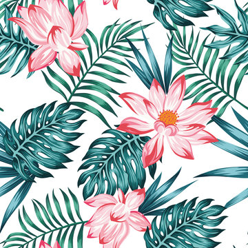 Floral seamless pattern blue leaves white background
