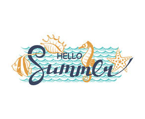 emblem of hello summer lettering with sea isolated on white background