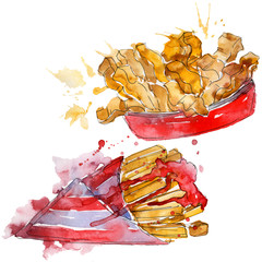 Fast food french fries in a watercolor style set. Aquarelle food illustration for background. Isolated potato element.