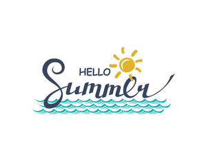 Fototapeta na wymiar emblem of hello summer lettering with sea isolated on white background