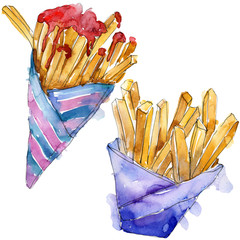 Fast food french fries in a watercolor style set. Aquarelle food illustration for background. Isolated potato element.