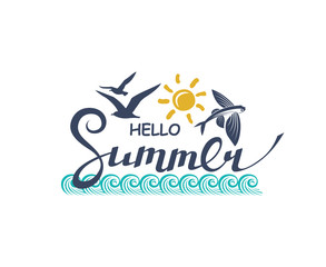Fototapeta na wymiar emblem of hello summer lettering with sea isolated on white background
