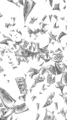 Flying dollars banknotes isolated on white background. Money is flying in the air. 100 US banknotes new sample. Black and white style. 3D illustration
