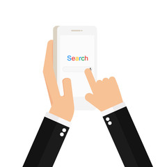 Hand holding smartphone with search browser window on the screen