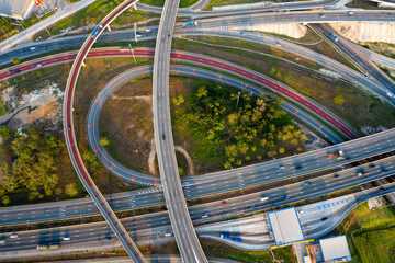 Aerial view and Top view. Traffic of expressways, motorways and highways