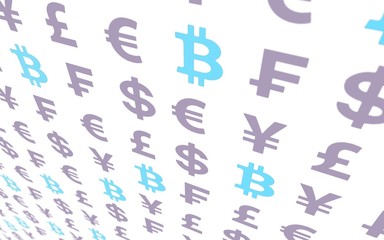 Bitcoin and currency on a white background. Digital crypto currency symbol. Business concept. Market Display. 3D illustration