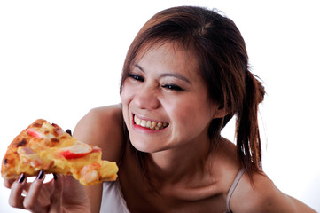 Happy woman eating tasty pizza.