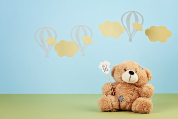 Cute teddy bear over the blue pastel background with clouds and ballons