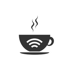 Cup of coffee shop with free wifi zone icon isolated. Internet connection placard. Flat design. Vector Illustration