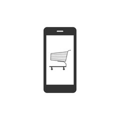 Online shopping concept. Shopping cart on screen smartphone icon isolated. Concept e-commerce, e-business, online business marketing. Flat design. Vector Illustration
