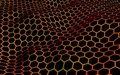 Honeycomb wave effect on a red yellow background. Perspective view on polygon look like honeycomb. Isometric geometry. 3D illustration