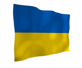 The flag of Ukraine on a white background. National flag and state ensign. Blue and yellow bicolour. 3D illustration waving flag
