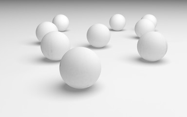 White abstract background. Set of white balls isolated on white backdrop. 3D illustration
