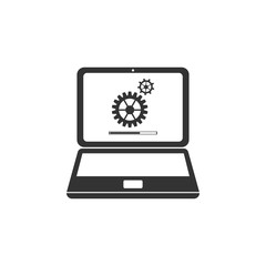 Laptop update process with gearbox progress and loading bar icon isolated. System software update. Loading process in laptop screen. Flat design. Vector Illustration