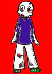 Cartoon funny zombie character. Freehand zombie in t-shirt, pants, sneakers on red bloody background. Bare skull, bloody eye sockets, shabby colorful clothes. Monster vector for design, surface, print