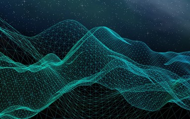Abstract landscape on a dark background. Cyberspace grid. hi tech network. Outer space. Starry outer space texture. 3D illustration