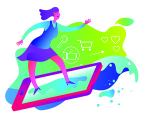 Cartoon character illustration for web design, presentation, infographic, landing page: IT, Internet, net surfing. network business, network marketing. A woman stands on a smartphone, floating on the 