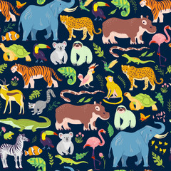 Naklejka premium Vector flat tropical seamless pattern with hand drawn jungle floral elements, animals, birds isolated. Elephant, tiger, zebra. For packaging paper, cards, wallpapers, gift tags, nursery decor etc.