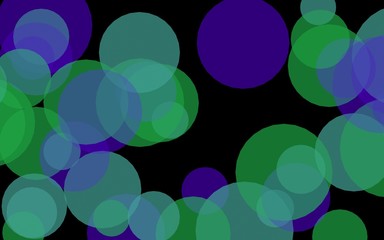 Multicolored translucent circles on a dark background. Green tones. 3D illustration