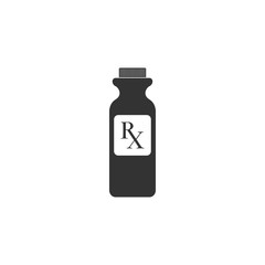 Pill bottle with Rx sign and pills icon isolated. Pharmacy design. Rx as a prescription symbol on drug medicine bottle. Flat design. Vector Illustration