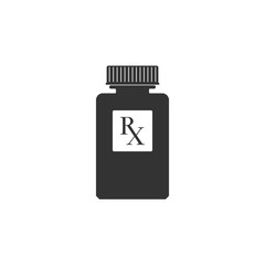 Pill bottle with Rx sign and pills icon isolated. Pharmacy design. Rx as a prescription symbol on drug medicine bottle. Flat design. Vector Illustration