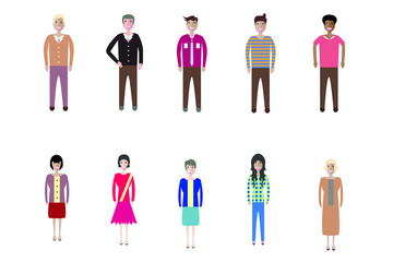 Young people, teenagers and students. Fashion man and woman in modern clothes. Different characters stay on white background