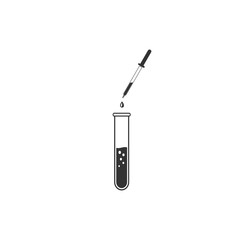 Laboratory pipette with liquid and falling droplet over glass test tube icon isolated. Laboratory research or laboratory testing. Flat design. Vector Illustration