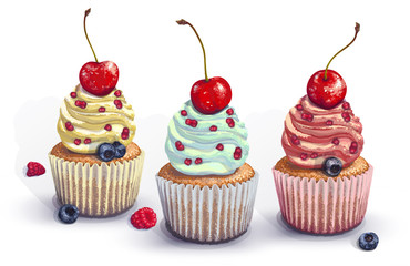 Set of vector cupcakes. A crumbly, gentle wet biscuit with a colorful soft cream cheese ,mint-flavored, with juicy fresh blueberry, raspberry pieces, cherry. Paper got wet from cake juiciness