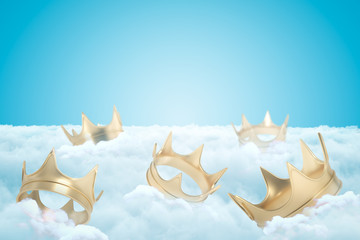 Fototapeta na wymiar 3d rendering of set of gold crowns on thick layer of white fluffy clouds with blue sky above.