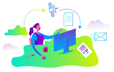 Cartoon character illustration for web design, presentation, infographic, landing page: Woman uses cloud service. The employee sits at the computer in the office.