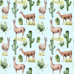 Watercolor seamless pattern with desert cacti and llama. Hand painted botanical illustration with animal and floral on pastel blue background. For design, print, fabric or background.