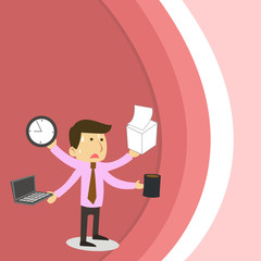 Stressed Out Male Employee Manager Many Armed Multitasking Meet Deadline Design business concept Empty copy text for Web banners promotional material mock up template