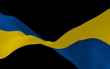The flag of Ukraine on a dark background. National flag and state ensign. Blue and yellow bicolour. 3D illustration waving flag