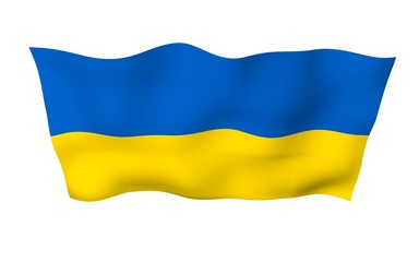 The flag of Ukraine on a white background. National flag and state ensign. Blue and yellow bicolour. 3D illustration waving flag
