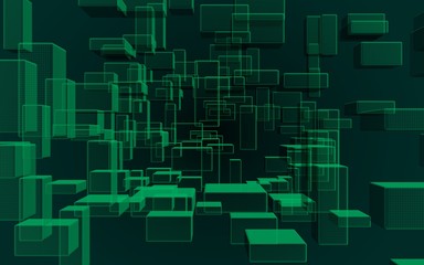 Green and dark abstract digital and technology background. The pattern with repeating rectangles. 3D illustration