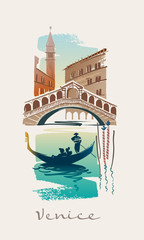 Gondola on the Grand Canal. Rialto bridge. Venice. Italy