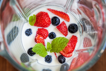 Fruit smoothie, milk shake made of strawberry, blueberry